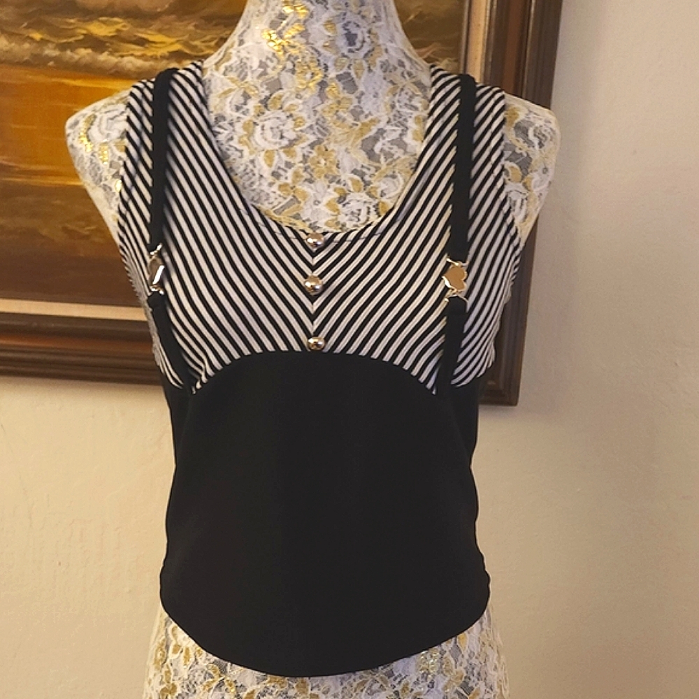 Vintage Black and White Striped Crop Top with Suspender Details